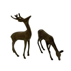 Vintage Mid Century Modern Brass Deer Figurines Doe & Buck Set Standing Spotted